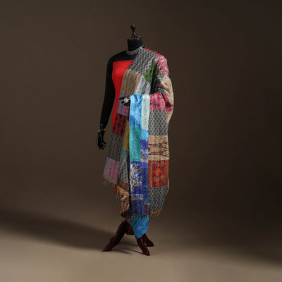Multicolor - Bengal Hand Embroidery Patchwork Reversible Silk Kantha Dupatta 56
