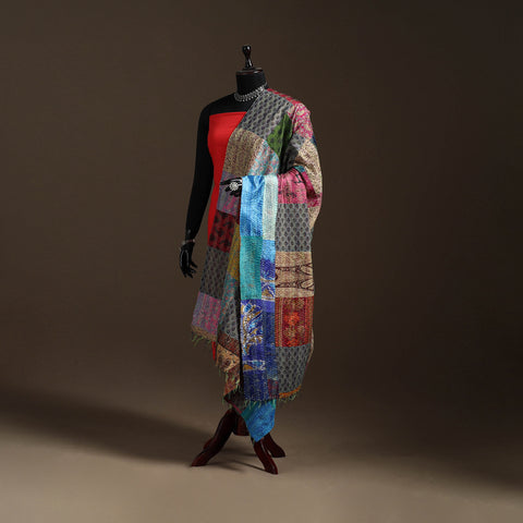 Bengal Hand Embroidery Patchwork Reversible Silk Kantha Dupatta 56