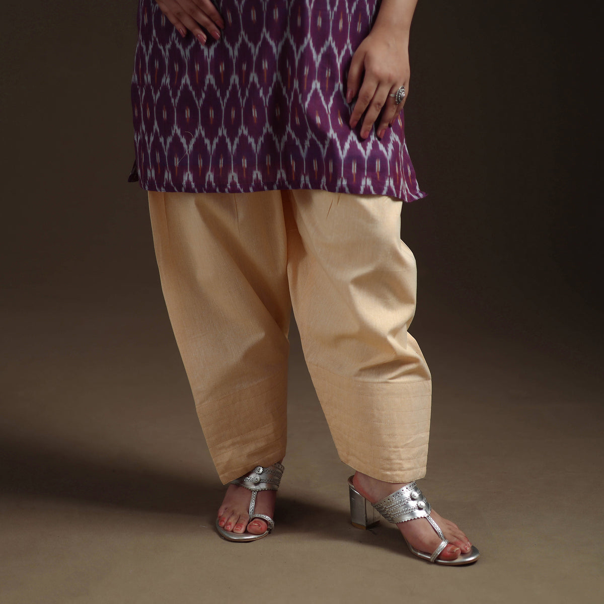 Purple - Pochampally Ikat Cotton Short Kurta with Farsi Salwar & Dupatta Suit Set for Women 04