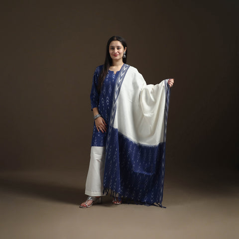 Blue - Pochampally Ikat Cotton Short Kurta with Palazzo & Dupatta Suit Set for Women 03