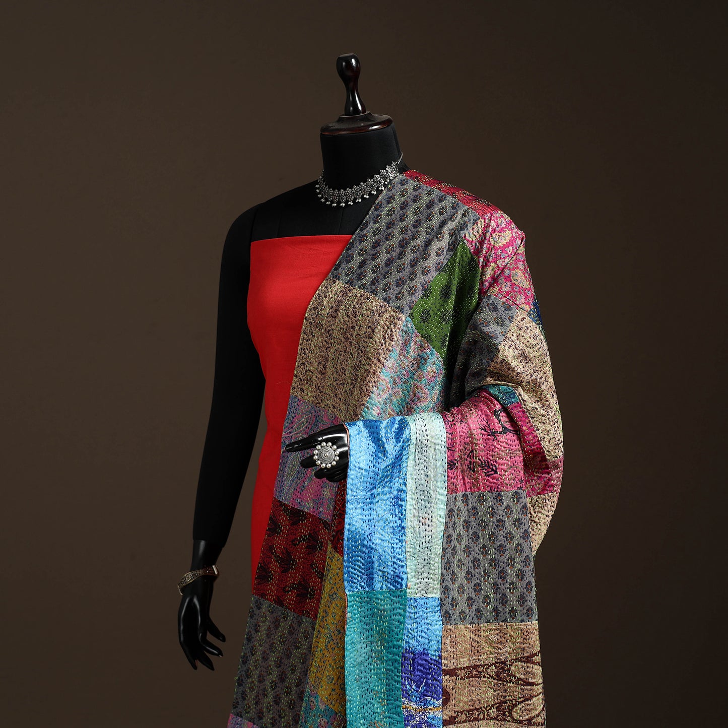 Multicolor - Bengal Hand Embroidery Patchwork Reversible Silk Kantha Dupatta 56