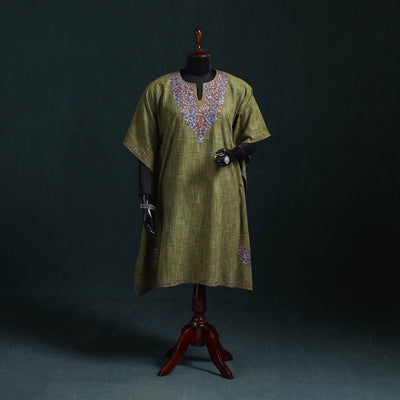 Green - Kashmiri Kashida Hand Embroidered Cotton Kaftan (Medium) 09