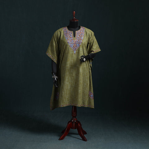 Green - Kashmiri Kashida Hand Embroidered Cotton Kaftan (Medium) 09
