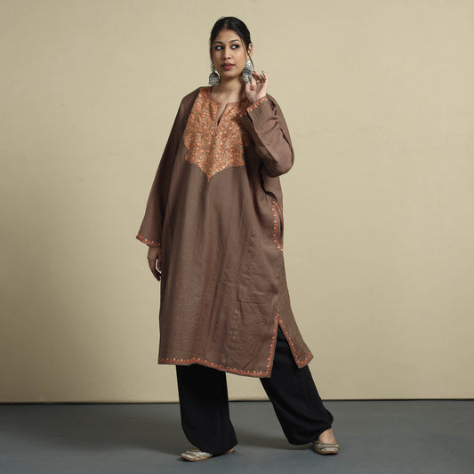 Brown - Aari Embroidery Kashmiri Merino Wool Pheran