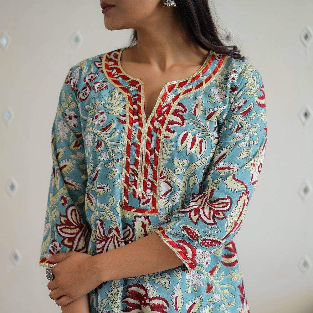 Blue - Block Printed Cotton Gota Work Long Sanganeri Kurta 01