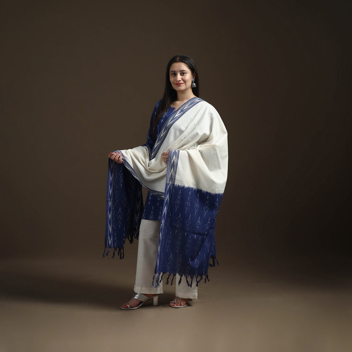 Pochampally Ikat Cotton Short Kurta with Palazzo & Dupatta Suit Set for Women 03