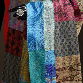 Multicolor - Bengal Hand Embroidery Patchwork Reversible Silk Kantha Dupatta 56