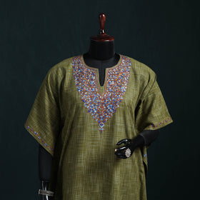 Green - Kashmiri Kashida Hand Embroidered Cotton Kaftan (Medium) 09