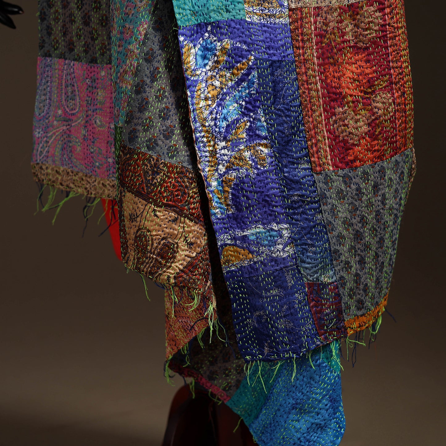 Multicolor - Bengal Hand Embroidery Patchwork Reversible Silk Kantha Dupatta 56