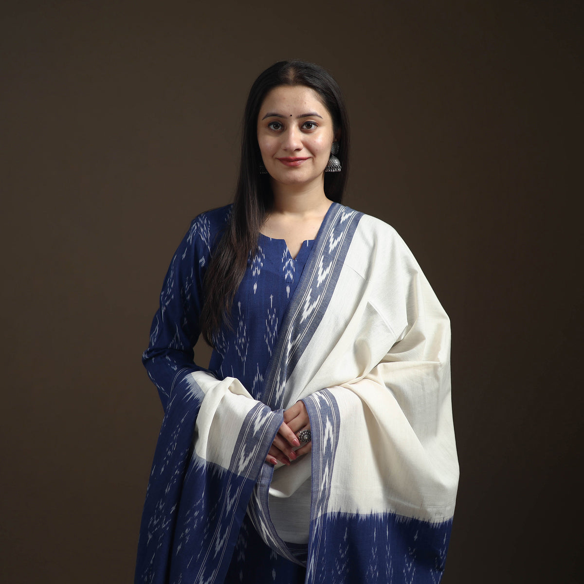 Pochampally Ikat Cotton Short Kurta with Palazzo & Dupatta Suit Set for Women 03