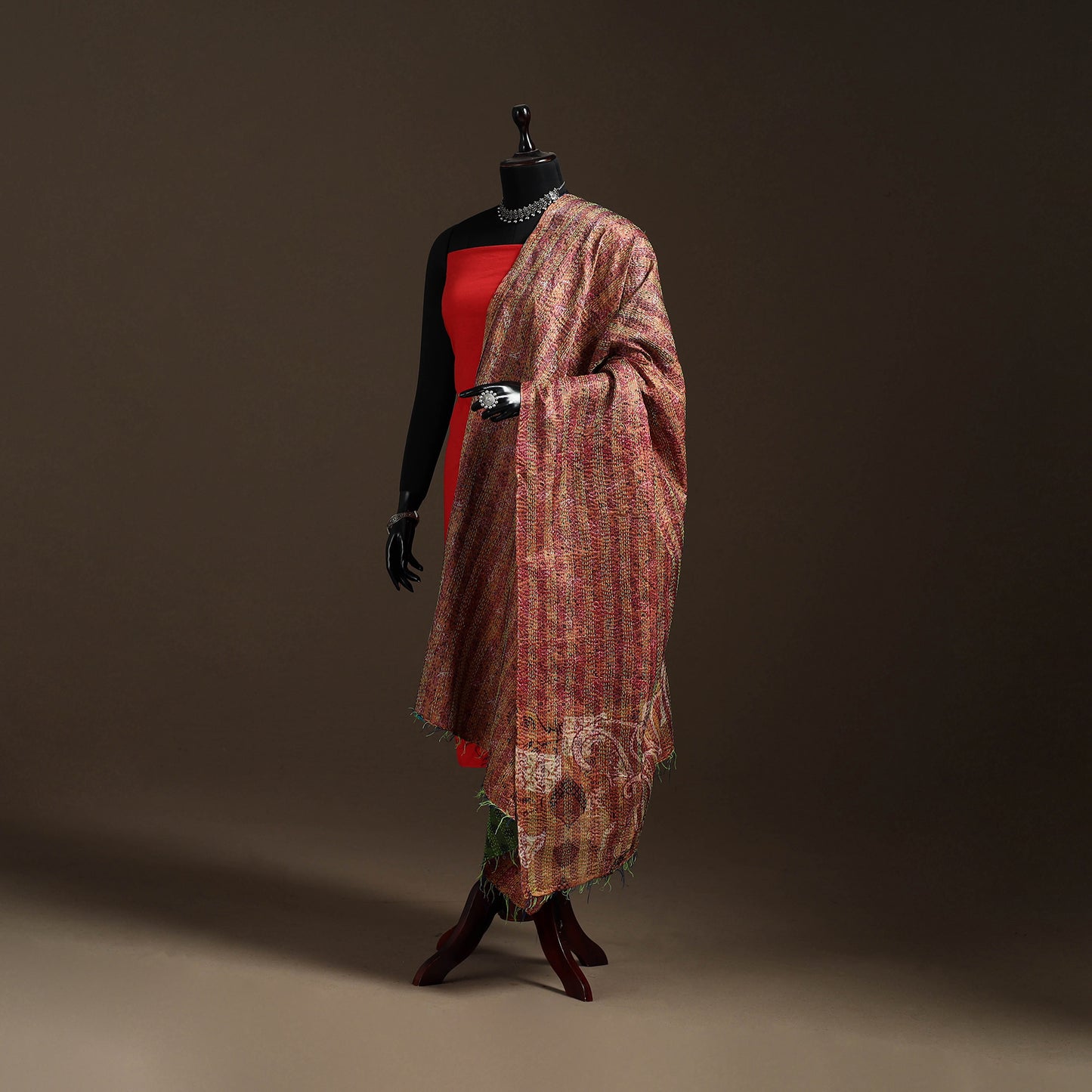 Multicolor - Bengal Hand Embroidery Patchwork Reversible Silk Kantha Dupatta 56