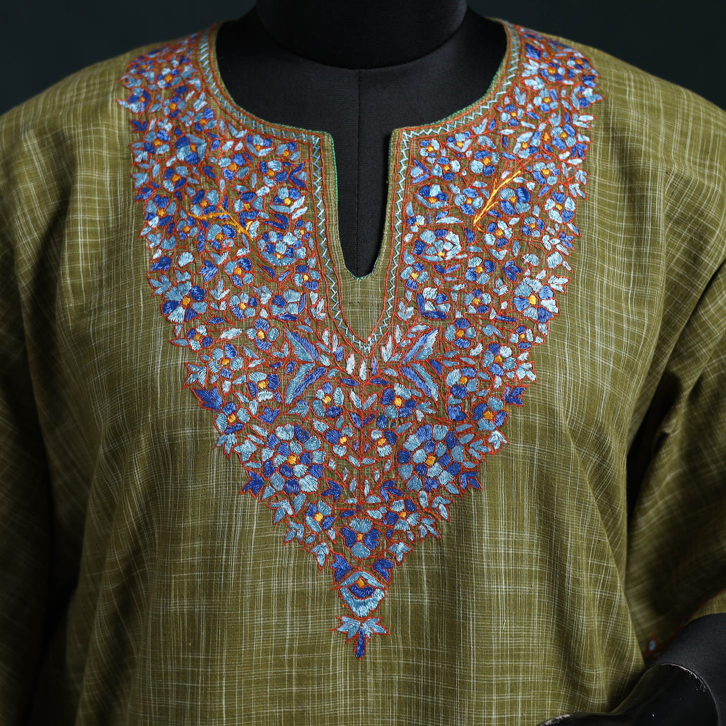 Green - Kashmiri Kashida Hand Embroidered Cotton Kaftan (Medium) 09
