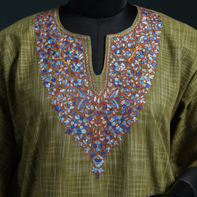 Green - Kashmiri Kashida Hand Embroidered Cotton Kaftan (Medium) 09