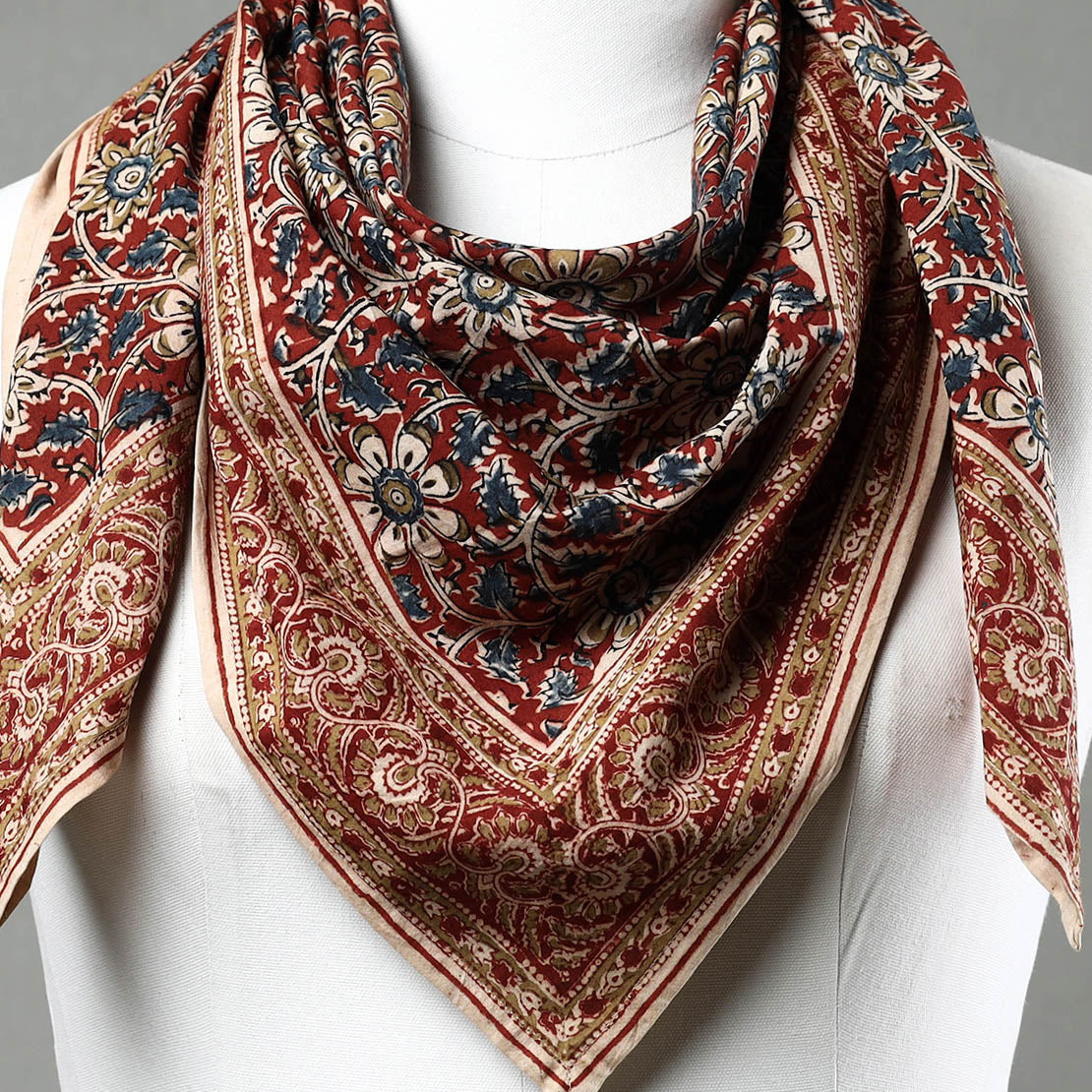 Red - Pedana Kalamkari Block Printed Natural Dyed Cotton Scarf 64