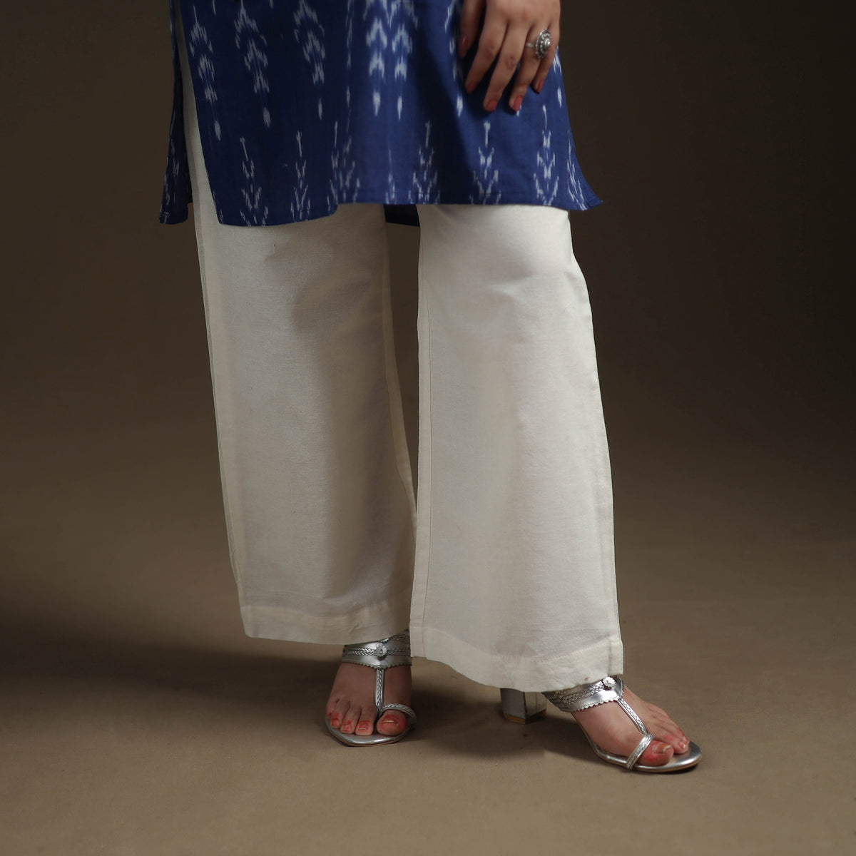 Pochampally Ikat Cotton Short Kurta with Palazzo & Dupatta Suit Set for Women 03