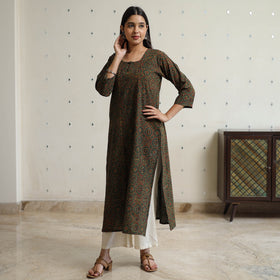 Buy Green Ajrakh Block Printed Cotton Long Kurta for Women