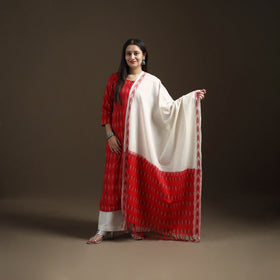 Pochampally Ikat Cotton Long Kurta with Palazzo & Dupatta Suit Set for Women 06