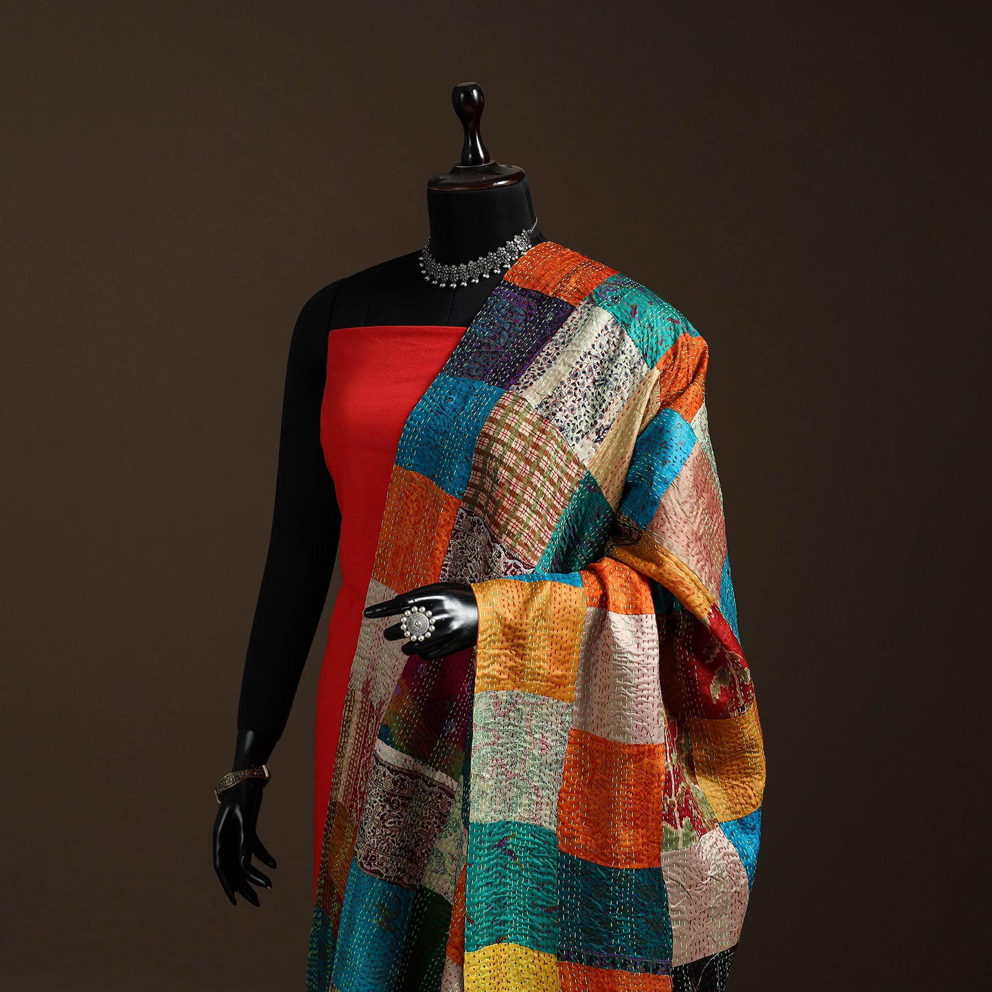 Bengal Hand Embroidery Patchwork Reversible Silk Kantha Dupatta 57