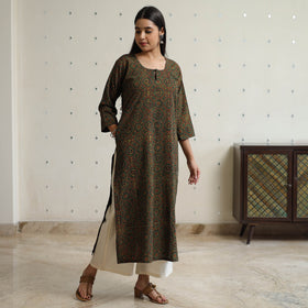 Buy Green Ajrakh Block Printed Cotton Long Kurta for Women