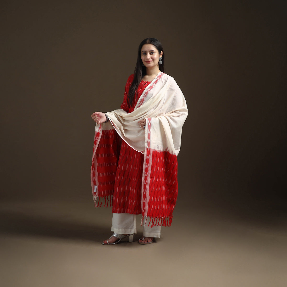 Pochampally Ikat Cotton Long Kurta with Palazzo & Dupatta Suit Set for Women 06