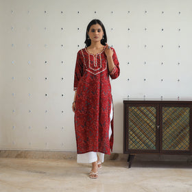 Red - Block Printed Cotton Gota Work Long Ajrakh Kurta 11