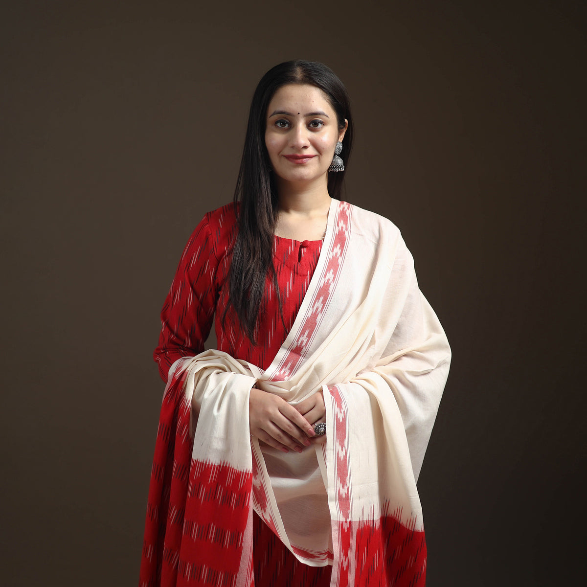 Pochampally Ikat Cotton Long Kurta with Palazzo & Dupatta Suit Set for Women 06