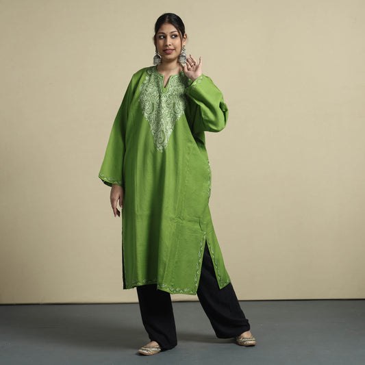 Green - Aari Embroidery Kashmiri Merino Wool Pheran
