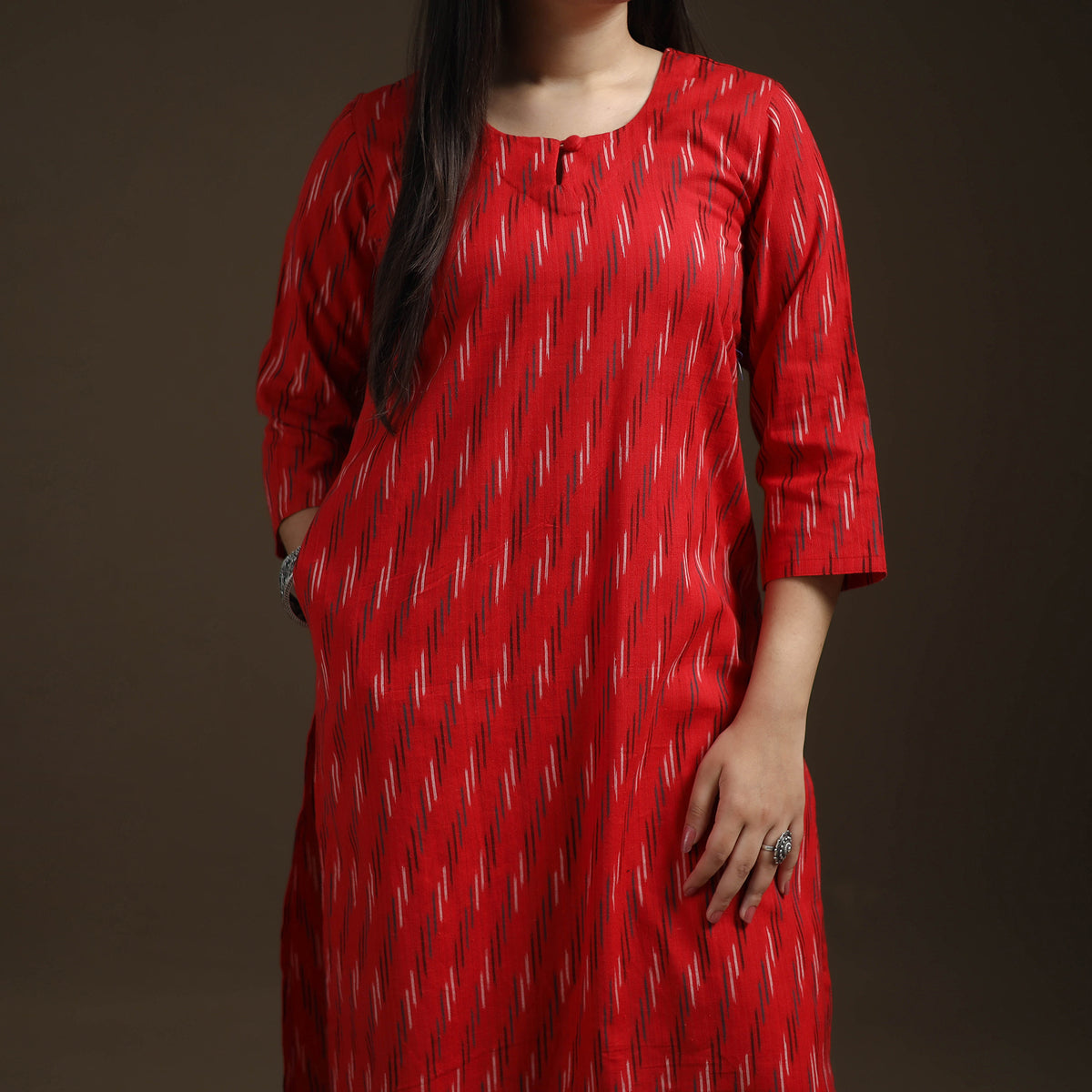 Pochampally Ikat Cotton Long Kurta with Palazzo & Dupatta Suit Set for Women 06