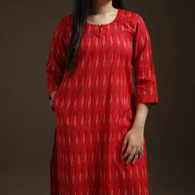Pochampally Ikat Cotton Long Kurta with Palazzo & Dupatta Suit Set for Women 06