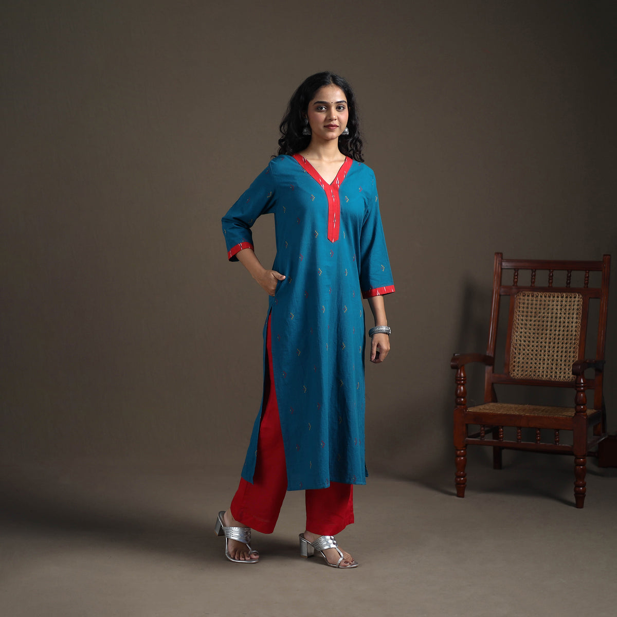 Jacquard Cotton Straight Long Kurta for Women 04