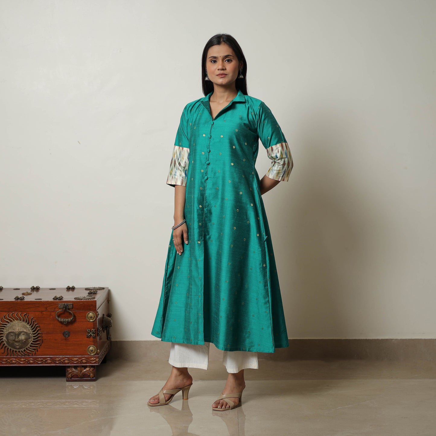 Green - Polka Zari Butta Spun Dupion Silk A-Line Plain Kurta 07