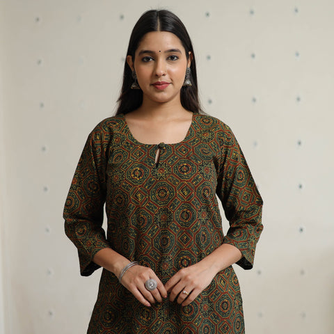 Green Red - Ajrakh Block Printed Cotton Long Straight Kurta 50