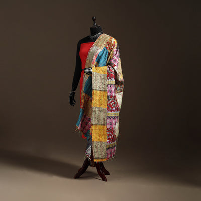 Multicolor - Bengal Hand Embroidery Patchwork Reversible Silk Kantha Dupatta 58