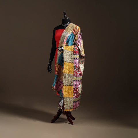 Multicolor - Bengal Hand Embroidery Patchwork Reversible Silk Kantha Dupatta 58