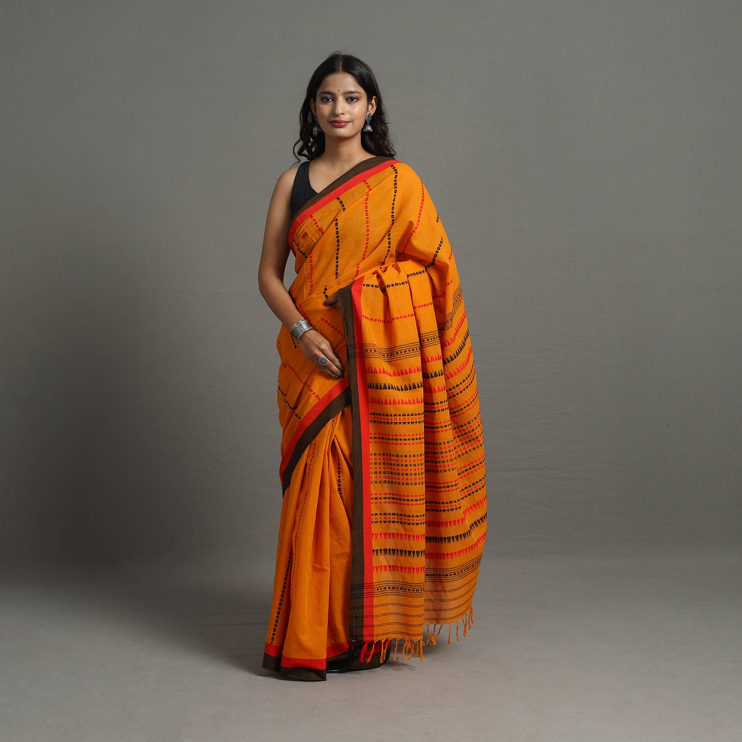 Orange - Bengal Handwoven Cotton Begampuri Saree 11