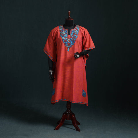 Red - Kashmiri Kashida Hand Embroidered Cotton Kaftan (Medium) 10