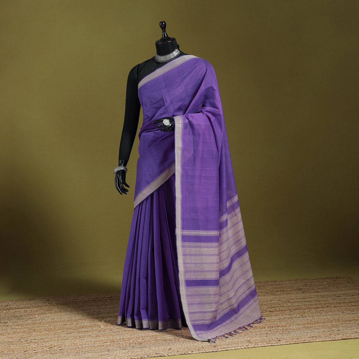 Purple - Handloom Cotton Thread Border Mangalagiri Saree 17