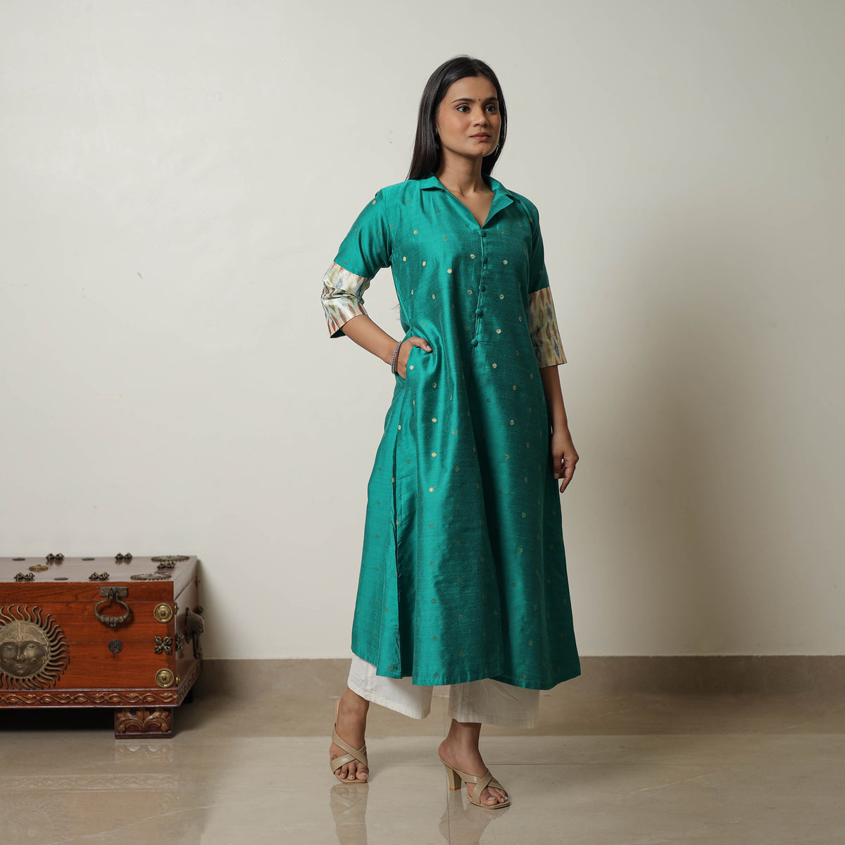 Green - Polka Zari Butta Spun Dupion Silk A-Line Plain Kurta 07