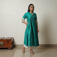 Green - Polka Zari Butta Spun Dupion Silk A-Line Plain Kurta 07