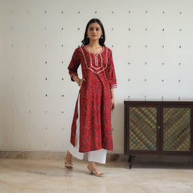 Red - Block Printed Cotton Gota Work Long Ajrakh Kurta 11