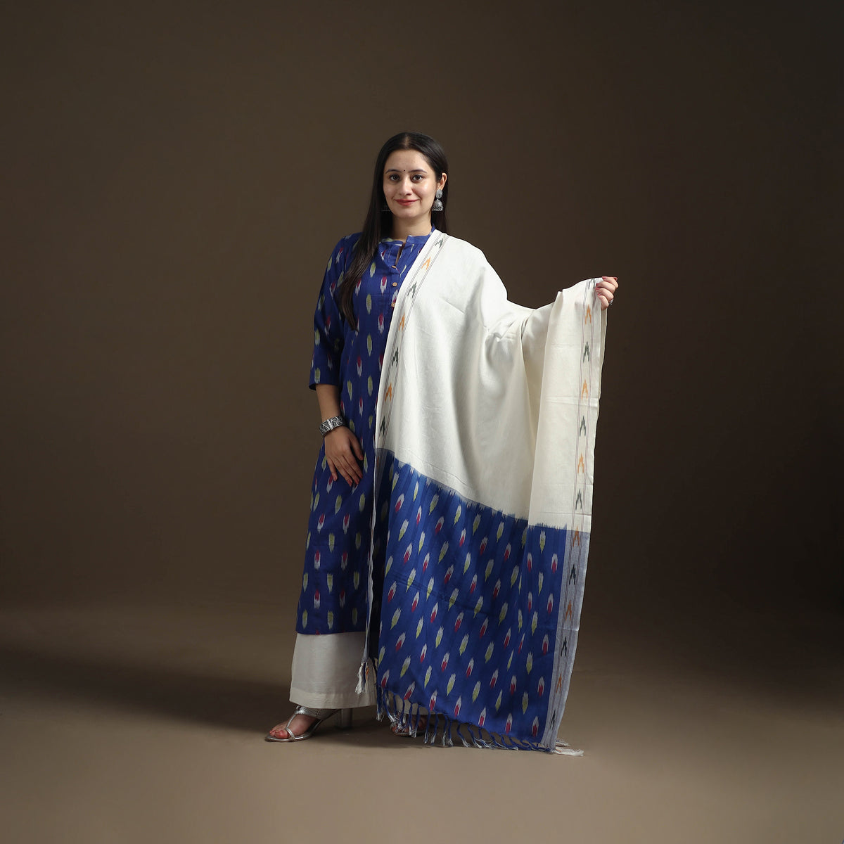 Blue - Pochampally Ikat Cotton Long Kurta with Palazzo & Dupatta Suit Set for Women 16