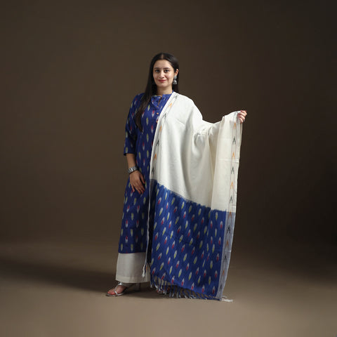 Blue - Pochampally Ikat Cotton Long Kurta with Palazzo & Dupatta Suit Set for Women 16