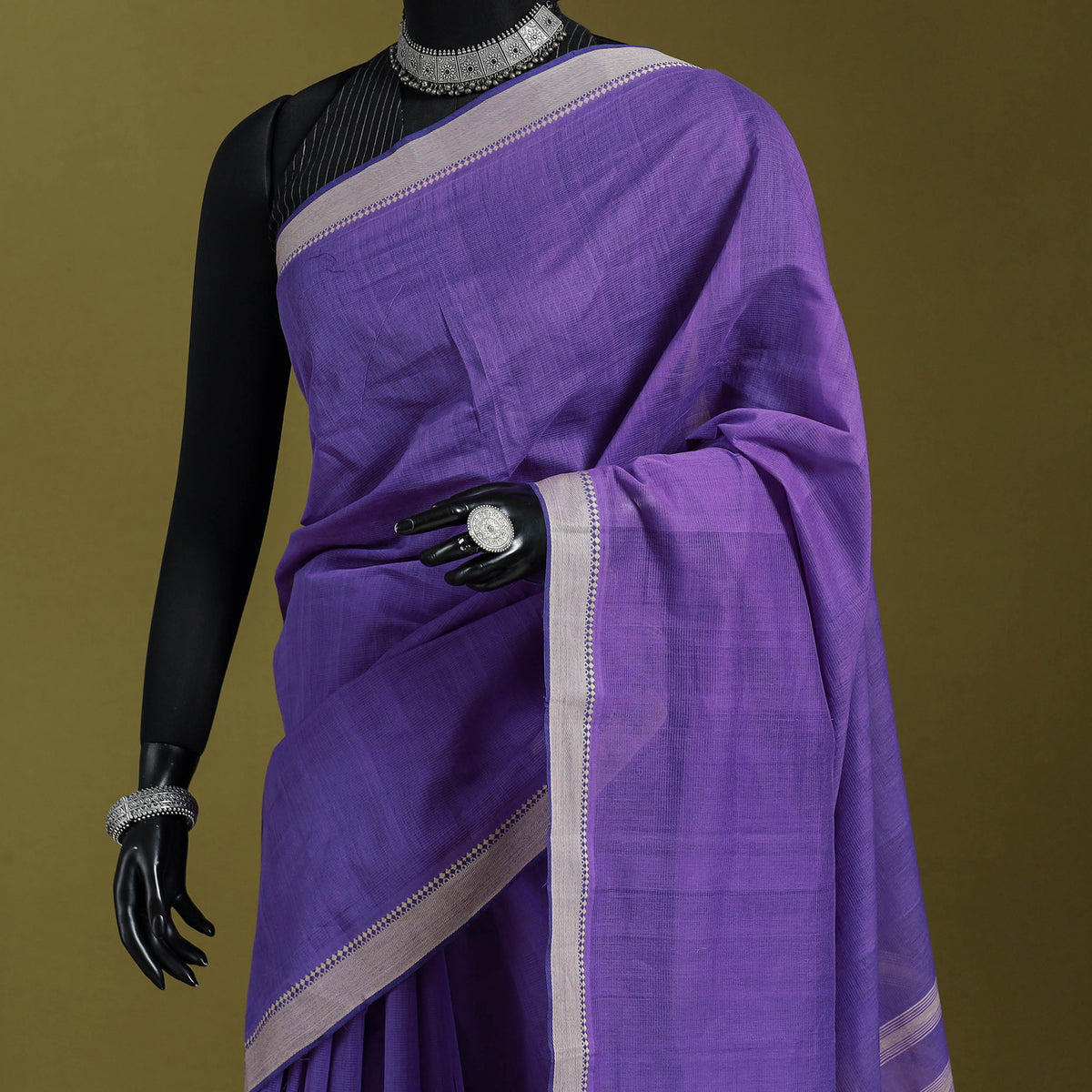Purple - Handloom Cotton Thread Border Mangalagiri Saree 17