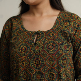Buy Green Ajrakh Block Printed Cotton Long Kurta for Women