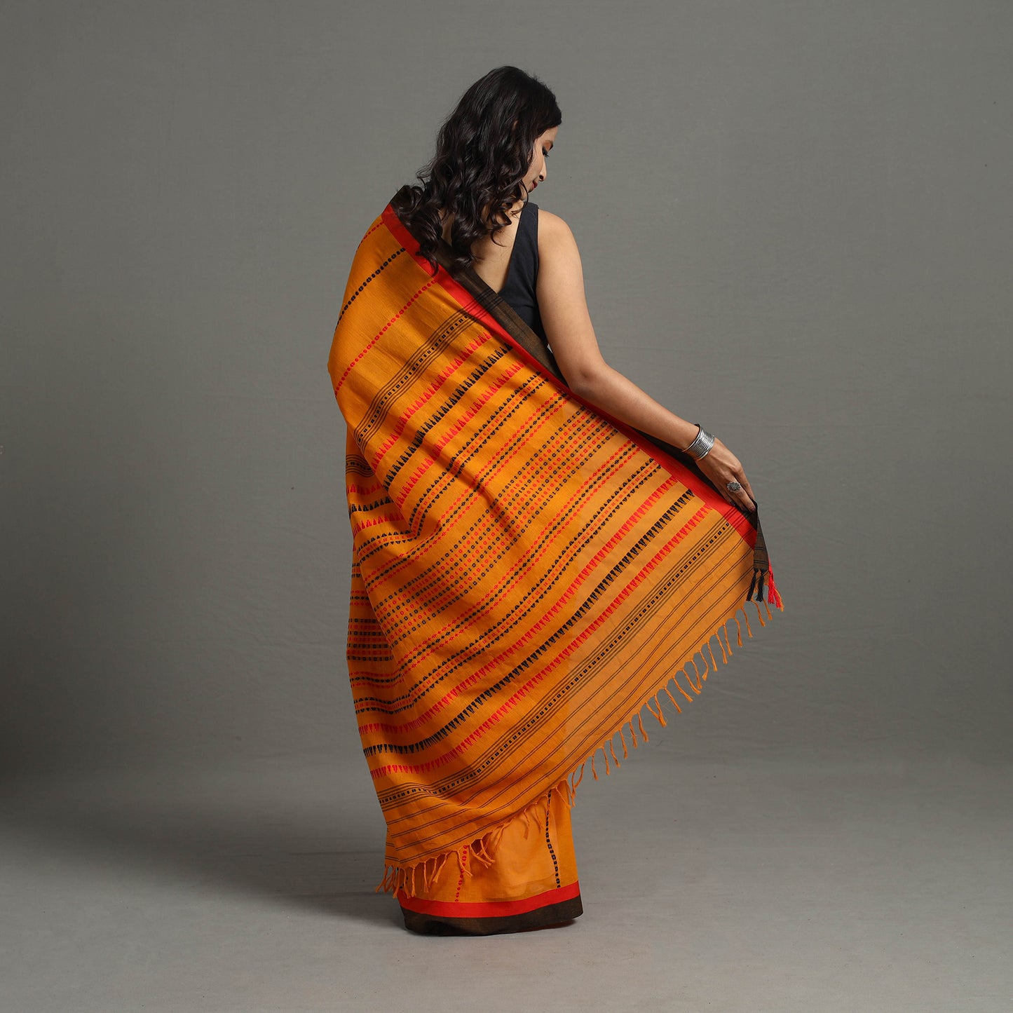 Orange - Bengal Handwoven Cotton Begampuri Saree 11