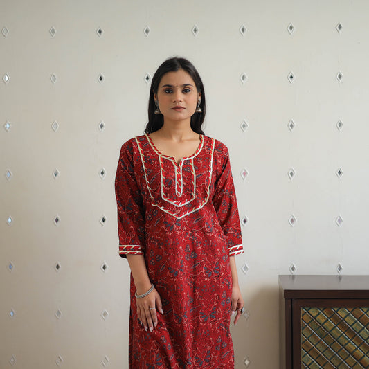 Block Printed Cotton Gota Work Long Ajrakh Kurta 11