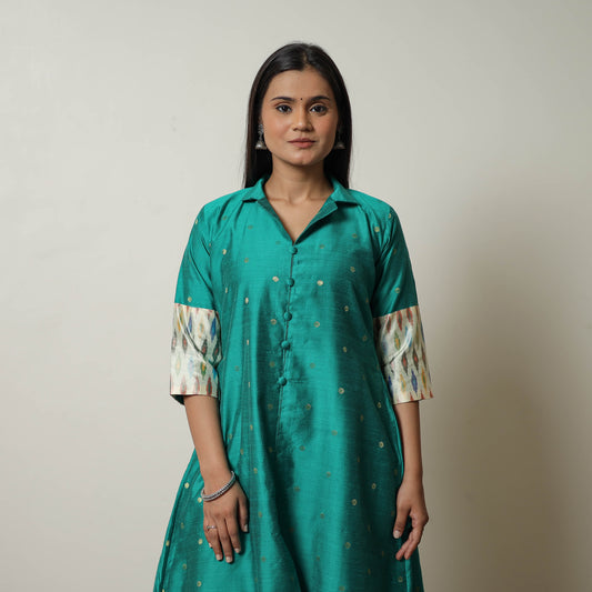 Green - Polka Zari Butta Spun Dupion Silk A-Line Plain Kurta 07