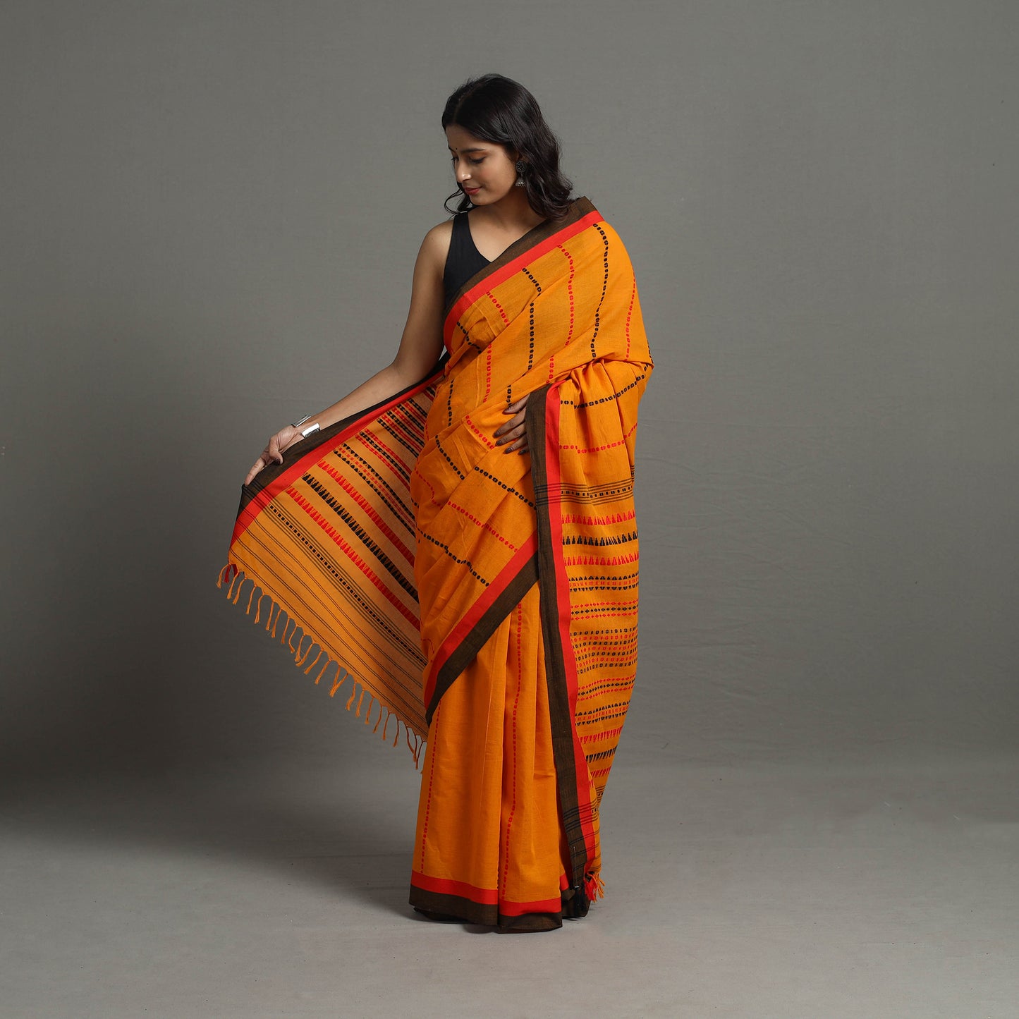 Orange - Bengal Handwoven Cotton Begampuri Saree 11