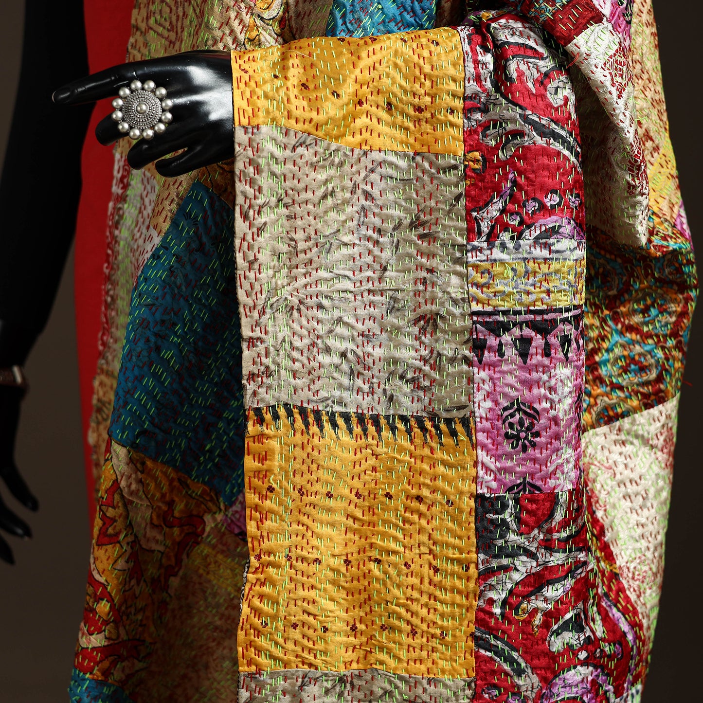 Multicolor - Bengal Hand Embroidery Patchwork Reversible Silk Kantha Dupatta 58