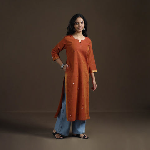 Orange - Mangalagiri Pure Handwoven Cotton Mirror Work Straight Kurta for women 21